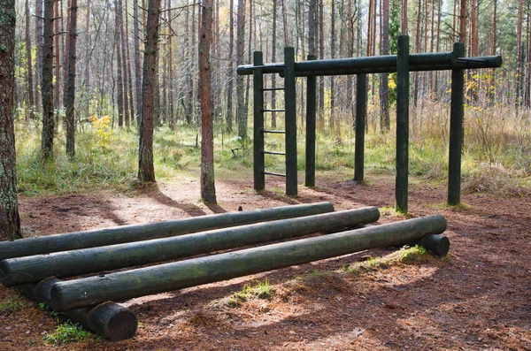 Träningsutrustning av stockar i en forest park — Stockfoto