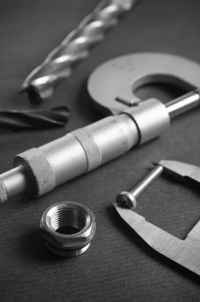 Details, drills and measuring tools, a close up — Stock Photo, Image