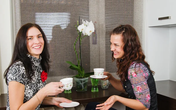 Two young beautiful women drink tea and chat homes — Stock Photo, Image