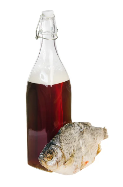 A bottle of domestic beer and dried fish is isolated on white — Stock Photo, Image