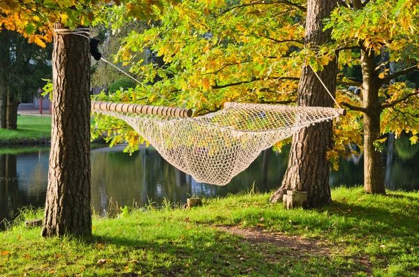 Una hamaca cerca del estanque en otoño Park —  Fotos de Stock