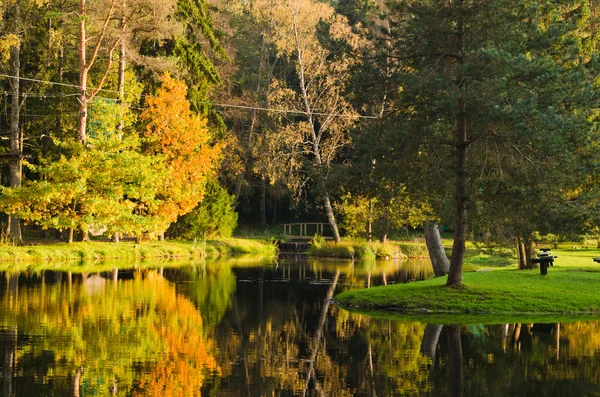 池のある秋の公園 — ストック写真