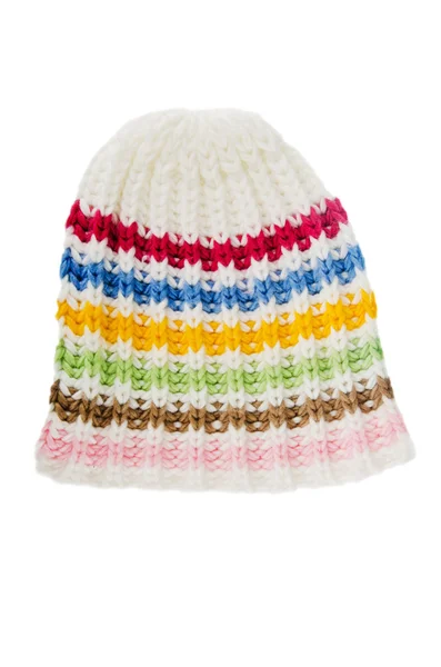 Çok renkli örgü şapka, üzerinde beyaz izole — Stok fotoğraf