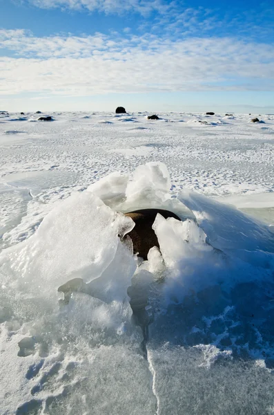 Pierres dans la glace sur la côte de la mer Baltique — Photo