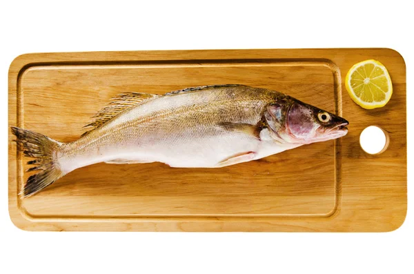 Pike perch on a wooden kitchen board, it is isolated on white — Stock Photo, Image