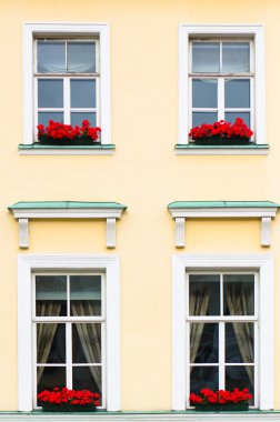vier vensters met rode bloemen, close-upKırmızı çiçekli dört windows yakın çekim