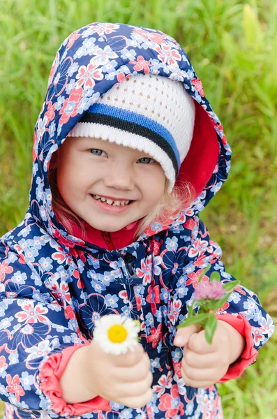 Portrait of a little girl with wild flowers in the hands — Stock Photo, Image