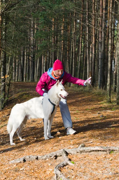 De vrouw met een hond in een forest park — Stockfoto