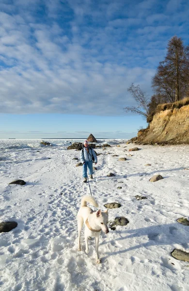 Γυναίκα με ένα σκυλί με τα πόδια μια ηλιόλουστη χειμερινή ημέρα στην ακτή της το — Φωτογραφία Αρχείου