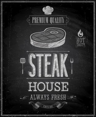 Vintage steak house poster - kara tahta. vektör çizim.