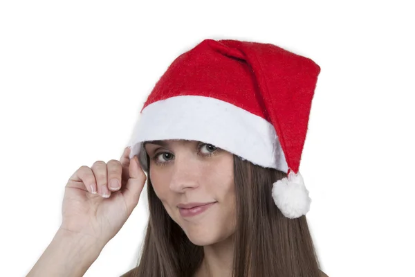 Sorrindo mulher no chapéu do Papai Noel — Fotografia de Stock