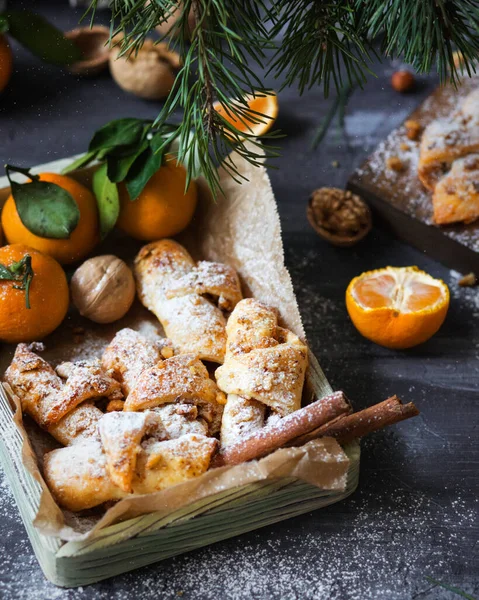 Christmas Bagels Nuts Croissants Tangerines Pastries Gray Background New Year — Stock Photo, Image