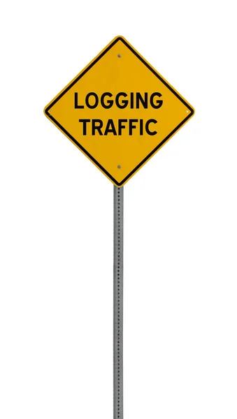 Isolated Yellow driving warning sign logging traffic — Stock Photo, Image