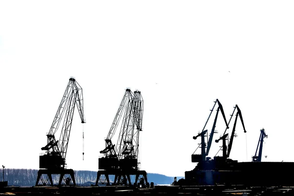 Silhouettes of cranes in the shipyard. — Stock Photo, Image