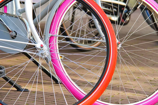 Two bicycles with colorful wheels parked. Netherlands Stock Photo