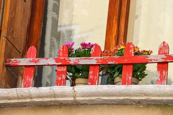 Blommor i fönstret bakom ett staket i trä — Stockfoto