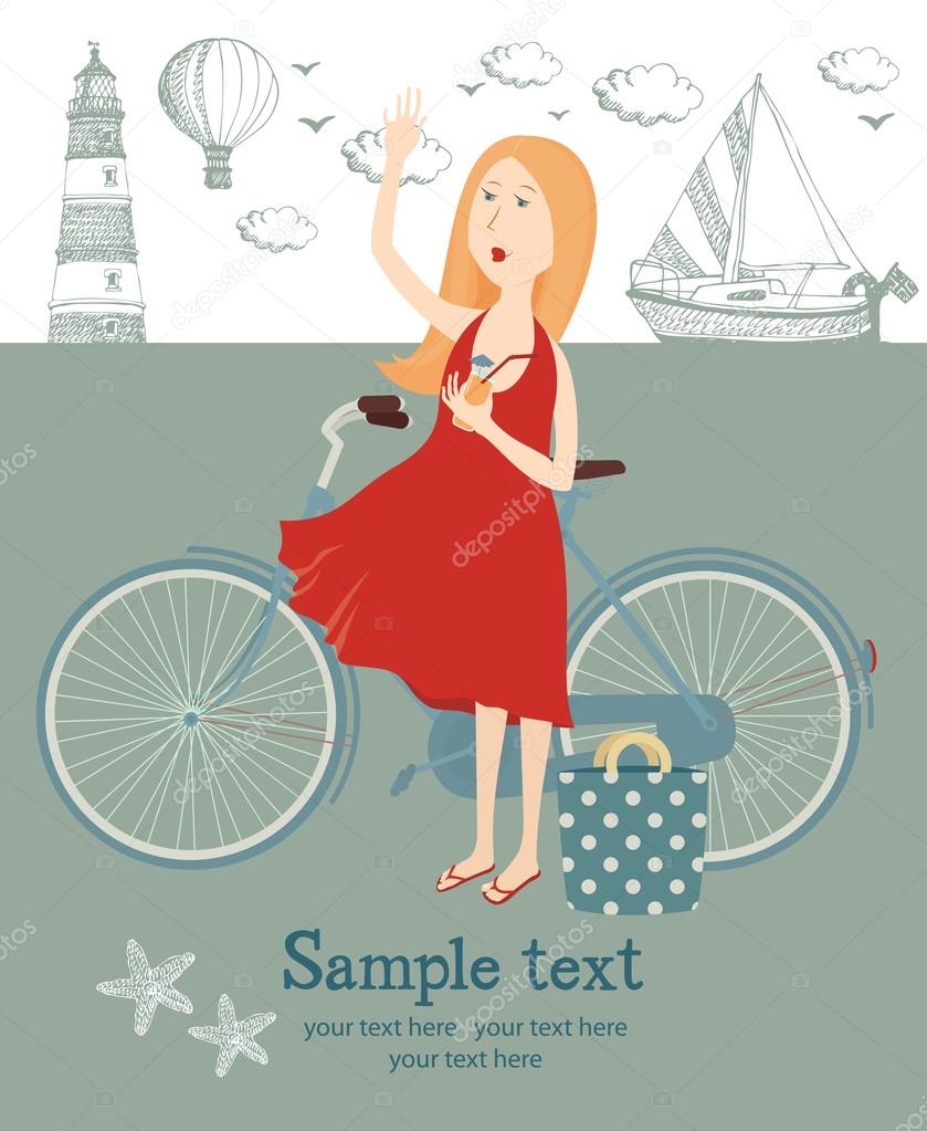 Girl with a bicycle on the beach