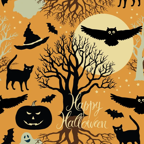 Buon Halloween, zucche, pipistrelli e gatti. Alberi neri e una luna luminosa su uno sfondo giallo — Vettoriale Stock