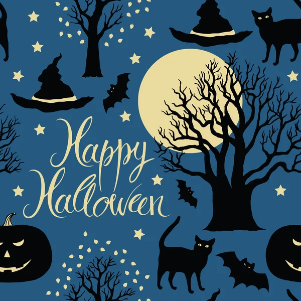 Buon Halloween, zucche, pipistrelli e gatti. Alberi neri e una luna luminosa su sfondo blu — Vettoriale Stock