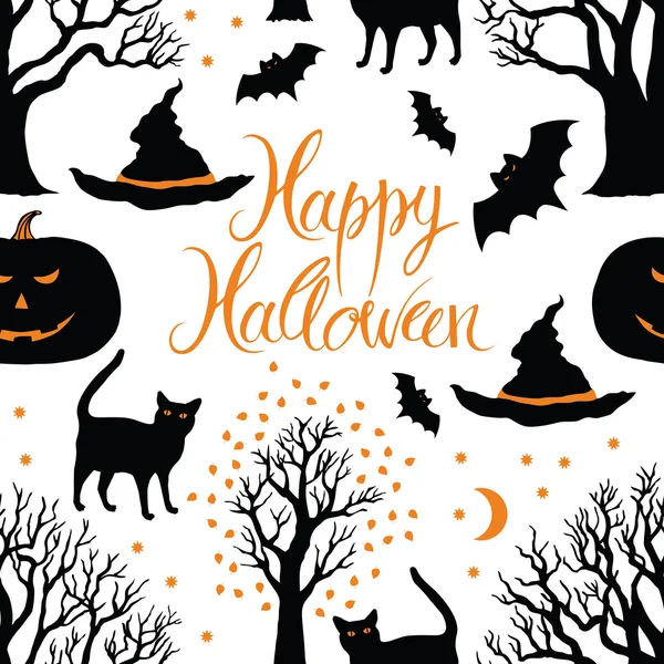 Happy Halloween, Kürbisse, Katzen und Fledermäuse. schwarze Bäume auf dunklem Hintergrund — Stockvektor