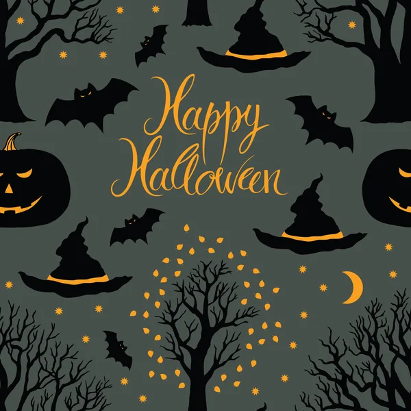 Boldog Halloween, tök és a denevérek. A sötét háttéren fekete fák — Stock Vector