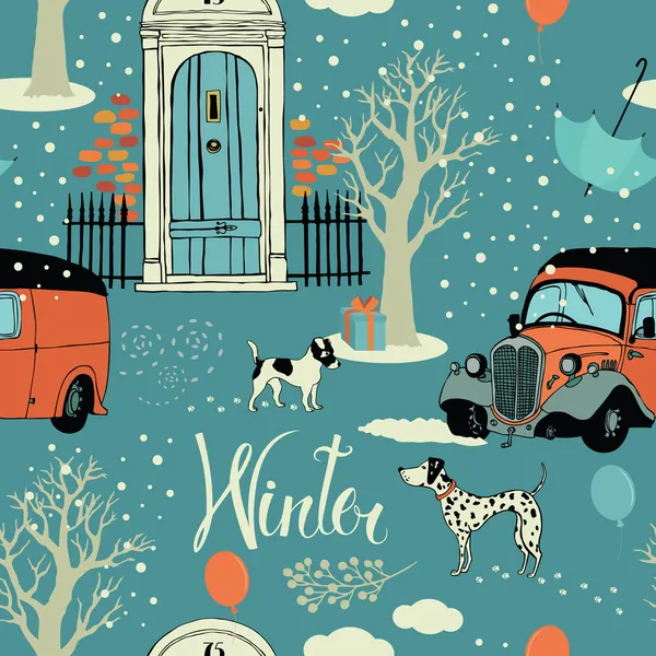 Perros, coches antiguos, nieve y árboles de invierno. Fondo sin costuras — Vector de stock