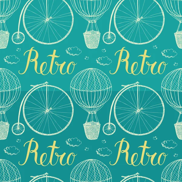 Globo de aire caliente vintage y bicicleta. Fondo azul — Archivo Imágenes Vectoriales