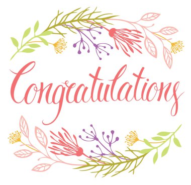 Congratulations card with flowers and calligraphy clipart