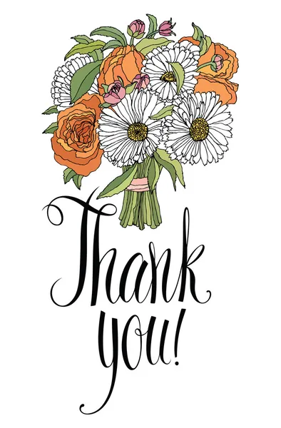Carte de remerciement avec bouquet. Calligraphie et dessin manuel — Image vectorielle