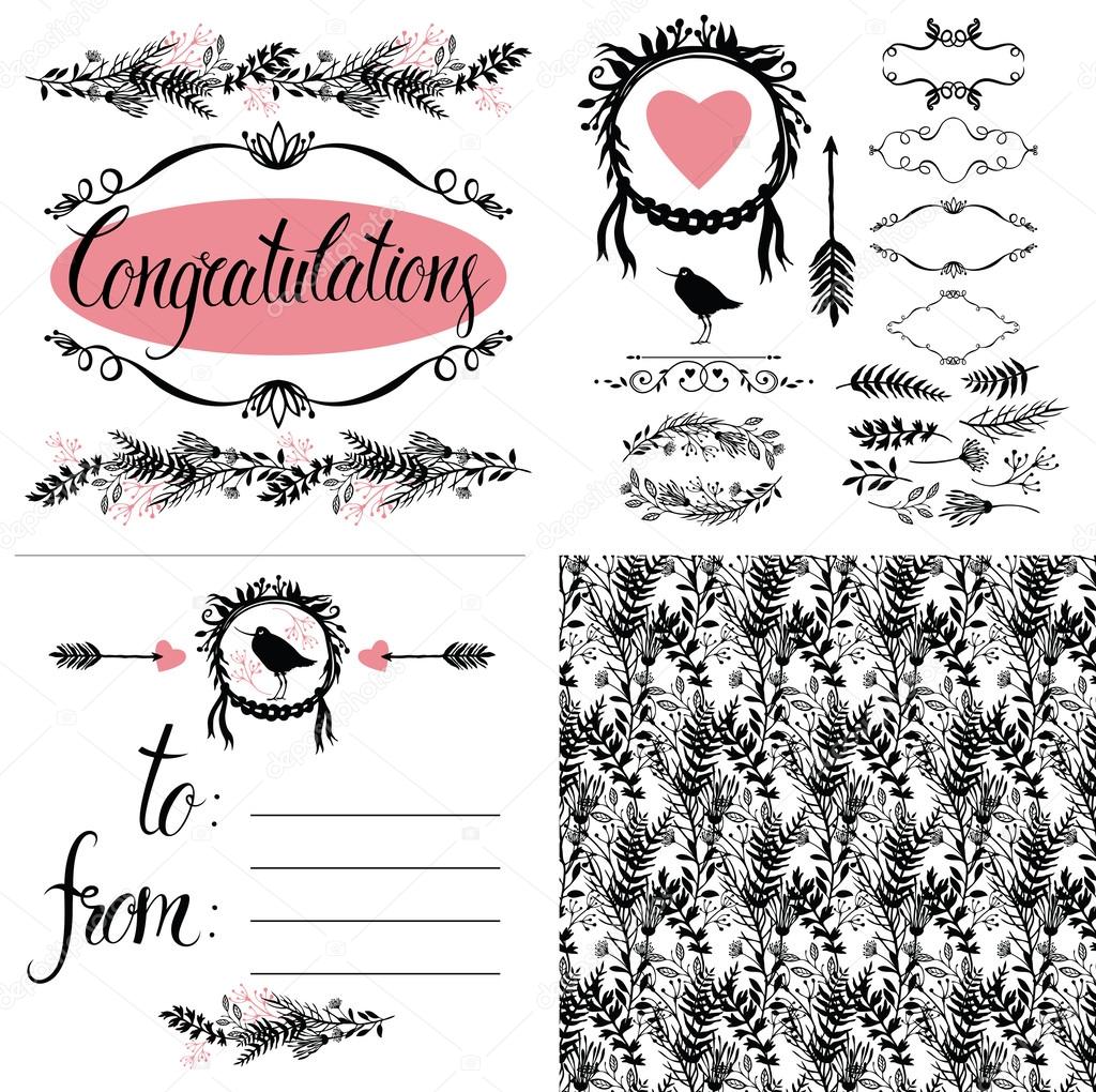 Card with calligraphic lettering To From. Pattern and details