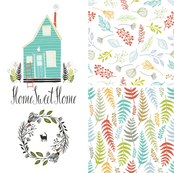 Accueil maison douce, motifs de fougère florale et cadre rond — Image vectorielle