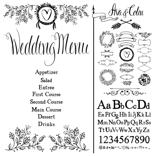 Menu de casamento, conjunto de fontes e conjunto de elementos de design — Vetor de Stock