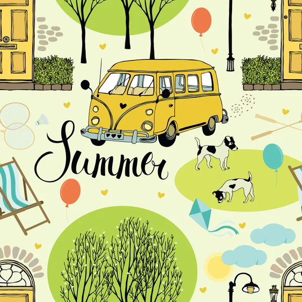 Summer street with trees, doors, cars and dogs — Stock Vector