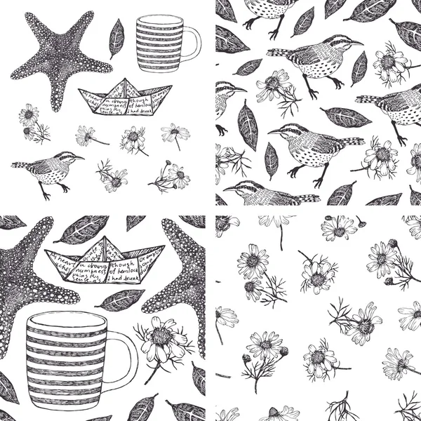 Conjunto de elementos de design desenhados à mão e padrões com camomilas, b — Vetor de Stock