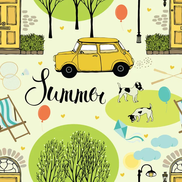 Rua de verão com árvores, portas, carros e cães — Vetor de Stock