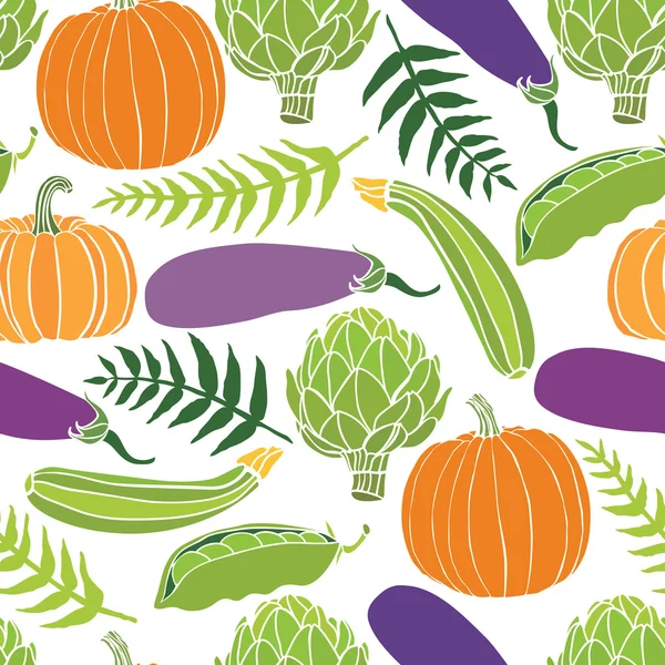 Fresh vegetables seamless background, pumpkins, peas, artichokes — Stock Vector