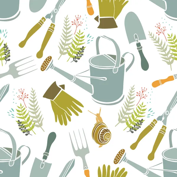 Fond printanier, outils de jardinage et escargots — Image vectorielle