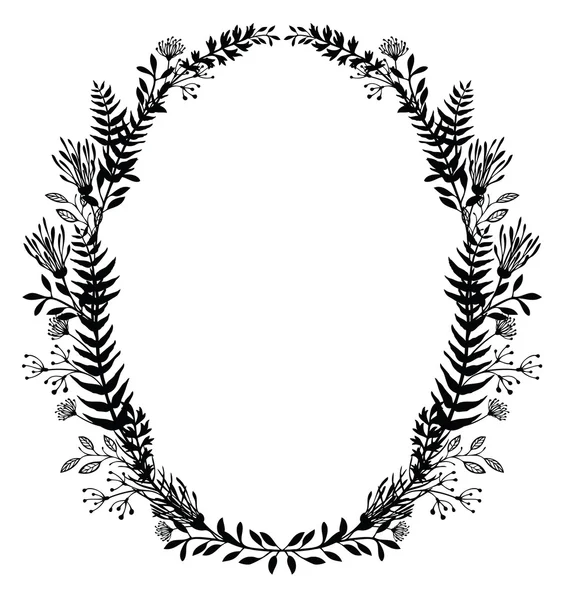 Kaart met frame van bloemen en varens, zwart silhouet — Stockvector