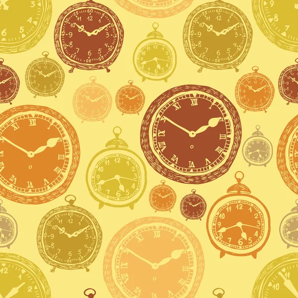 Vintage wall clocks and alarm clocks, seamless gold background — Stock Vector