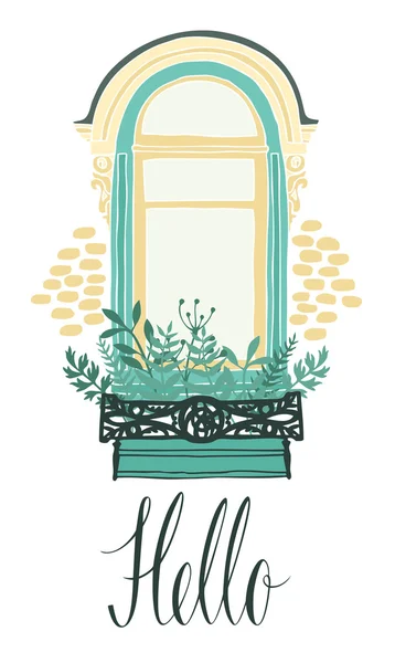 Hola tarjeta con una ventana y flores — Vector de stock