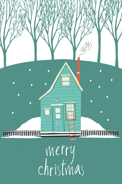 Весела різдвяна дизайнерська листівка з будинком в зимовому лісі — стоковий вектор