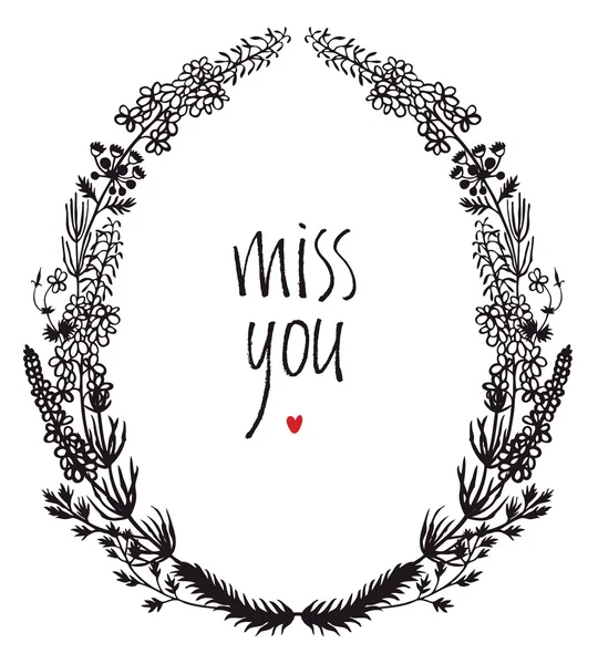 Miss you Design-Karte mit Blumen-Vignette und Herz — Stockvektor