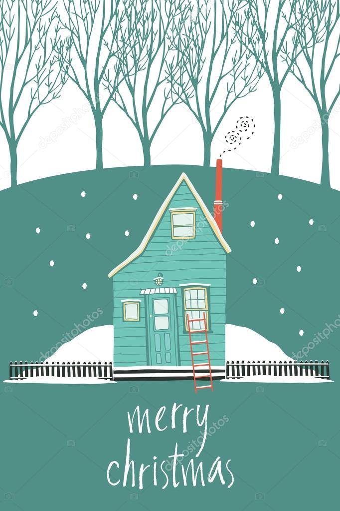 Merry Christmas design card with a house in a winter forest
