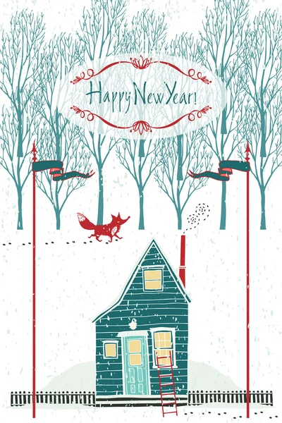 Happy New year design card with a house in the winter forest Stock Illustration
