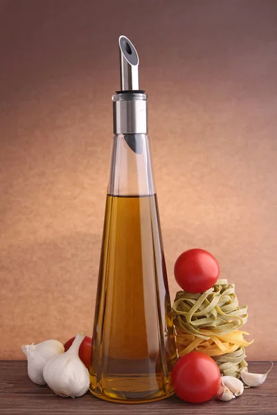 Bottle of oil olive and ingredient — Stock Photo, Image