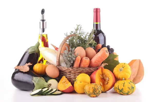 Vegetable,fruit,olive oil and wine — Stock Photo, Image