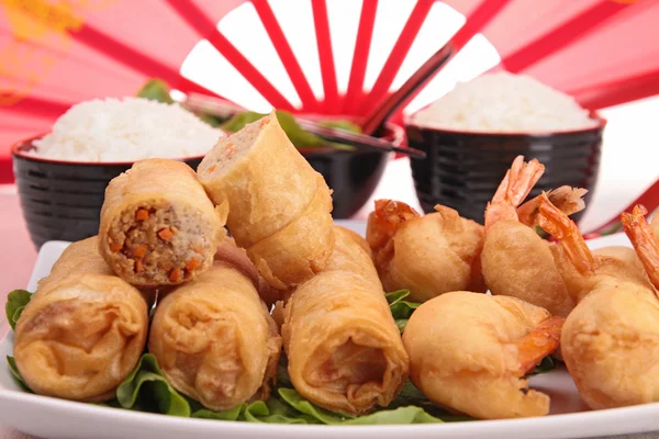 Chinese food, spring roll and rice — Stock Photo, Image