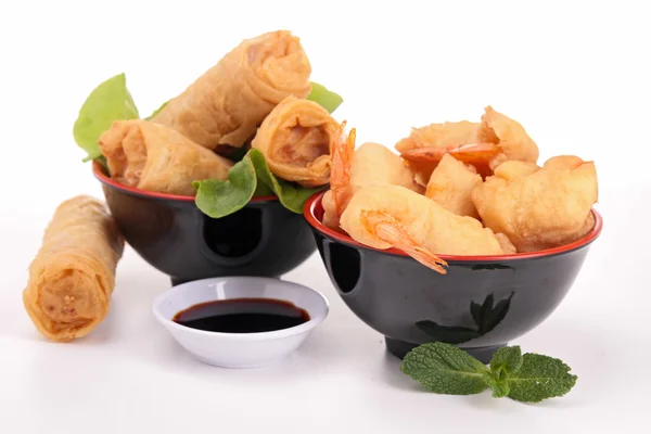 Spring roll, shrimp fritter and soy sauce — Stock Photo, Image