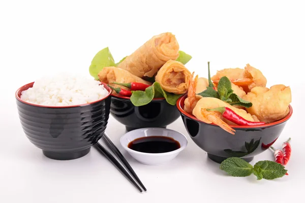 Spring roll, shrimp fritter and soy sauce — Stock Photo, Image