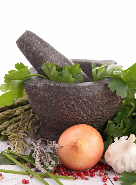 Composition with mortar and herbs — Stock Photo, Image
